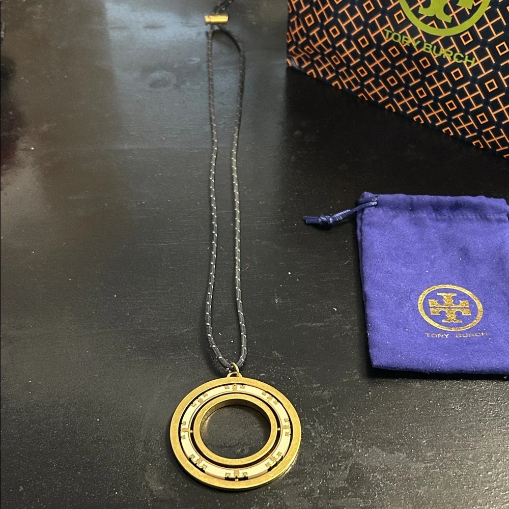 Tory Burch Navy and Gold Spinner Pendant Necklace, 24”